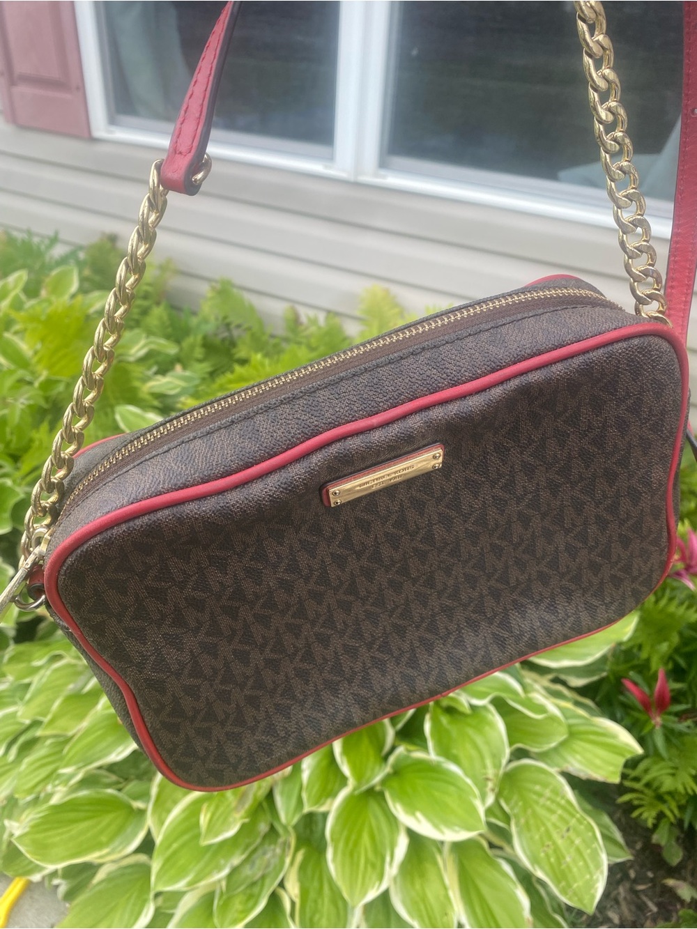 Michael Kors Brown MK Monogram Crossbody with Red Trim and Gold Chain